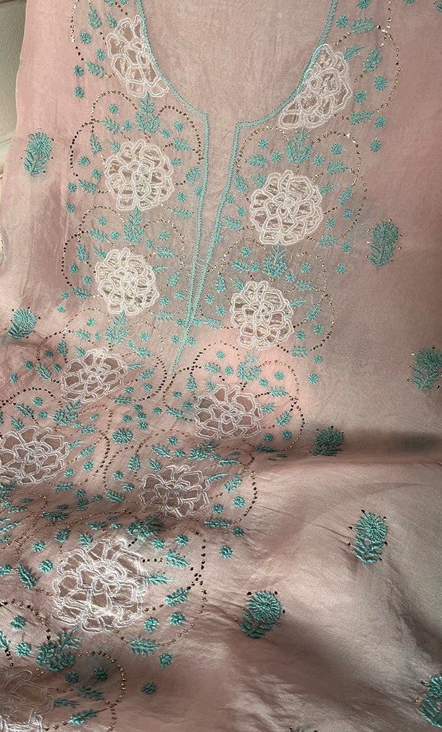 Mainaaj Women's Lakhnavi Handcrafted Pure Organza Chikankari Unstitched Kurta And Dupatta Set- HONC0330937