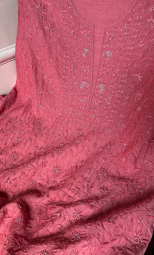 Women's Lakhnavi Handcrafted Mul Chanderi Unstitched Kurta And Dupatta Set - HONC0278924