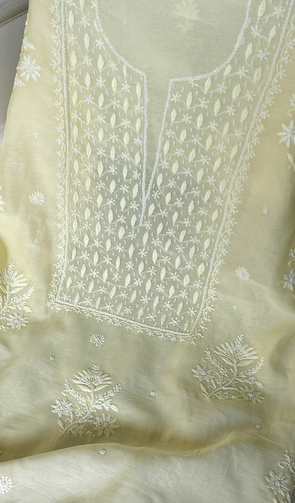 Women's Lakhnavi Handcrafted Mul Chanderi Chikankari Full Suit Material - HONC0279284
