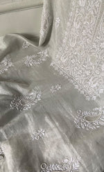 Load image into Gallery viewer, Women's Lakhnavi Handcrafted Tissue Chanderi Unstitched Chikankari Kurta And Dupatta Set - HONC0332080