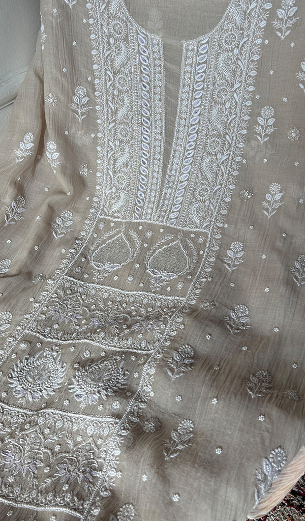 Women's Lakhnavi Handcrafted Mul Chanderi Unstitched Kurta And Dupatta Set - HONC0374456