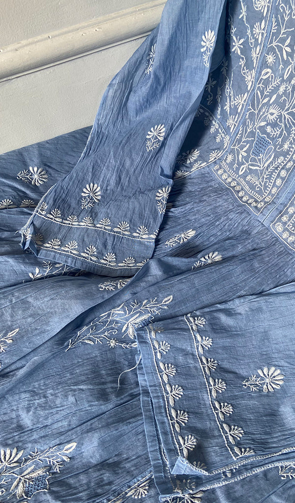 Women's Lakhnavi Handcrafted Mul Chanderi Unstitched Chikankari Full Suit - HONC0317048