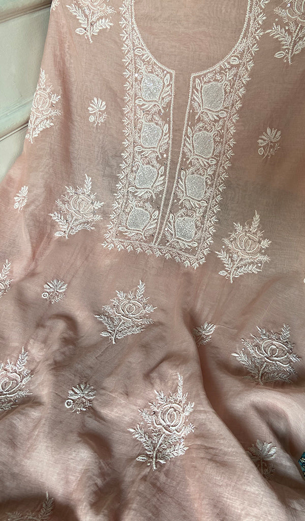 Women's Lakhnavi Handcrafted Mul Chanderi Chikankari Full Suit Material - HONC0334948