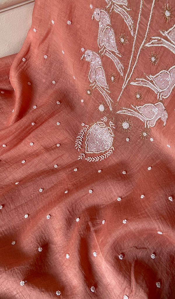 Chidiya Women's Lakhnavi Handcrafted Mul Chanderi Unstitched Kurta And Dupatta Set- HONC0358096