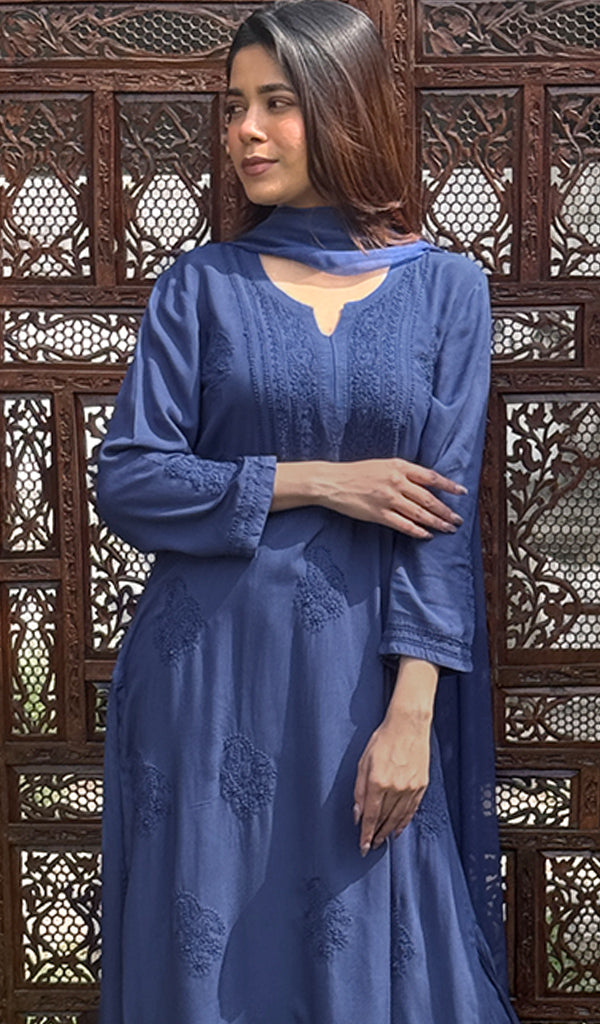 Women's Lakhnavi Handcrafted Modal Cotton Chikankari Kurta Dupatta And Palazzo Set - HONC0233466