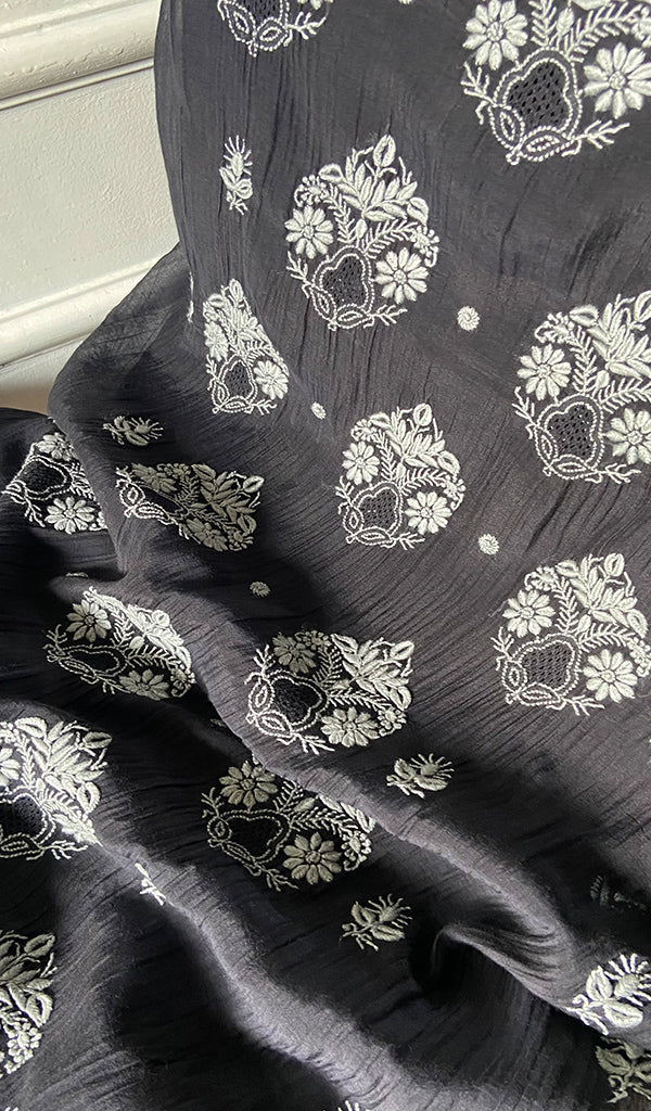 Women's Lakhnavi Handcrafted Mul Chanderi Unstitched Chikankari Full Suit Material - HONC0374241