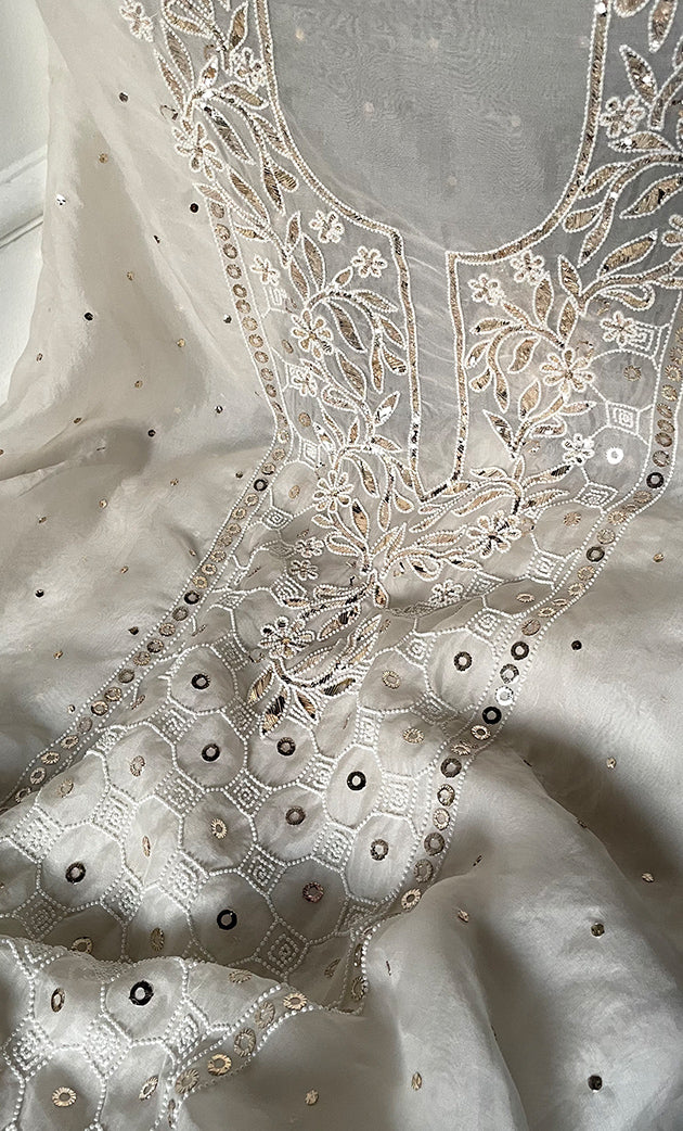 Women's Lakhnavi Handcrafted Pure Organza Chikankari Unstitched Kurta And Dupatta Set- HONC0319070