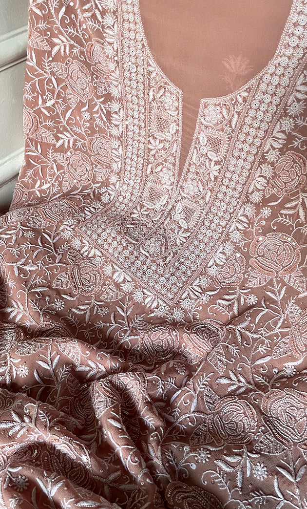 Women's Lakhnavi Handcrafted Pure Silk Georgette Chikankari Kurta And Dupatta Set- HONC0290999