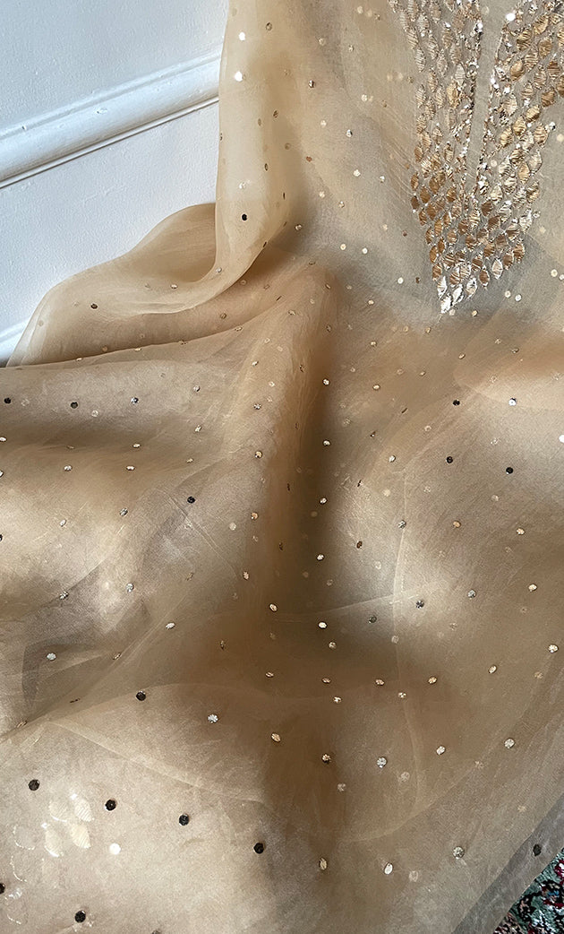 Alfia Women's Lakhnavi Handcrafted Pure Organza Chikankari Unstitched Kurta And Dupatta Set- HONC0328073