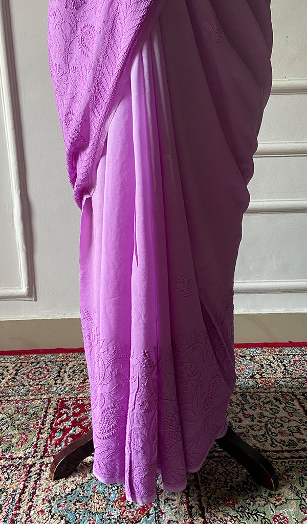 Women's Lakhnavi Handcrafted Viscose Georgette Chikankari Saree - HONC090396