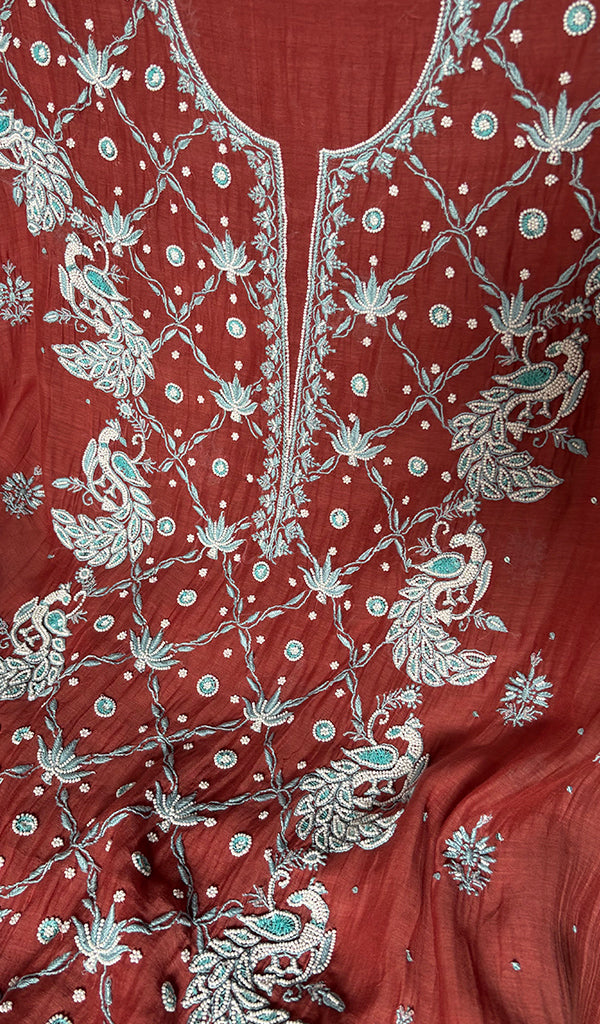 Shirin Women's Lakhnavi Handcrafted Mul Chanderi Unstitched Chikankari Full Suit Material - HONC0339570