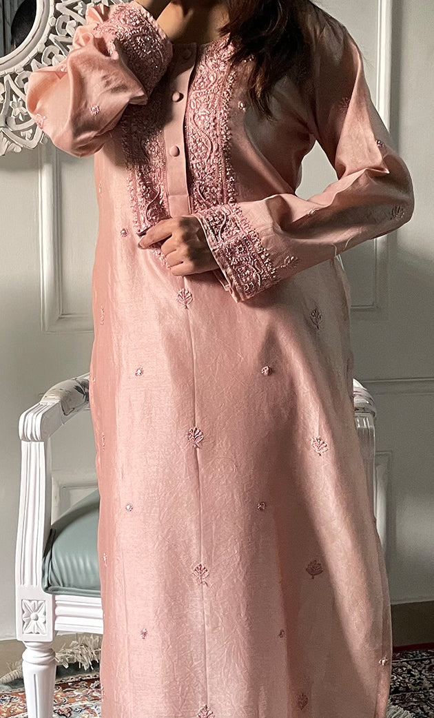 Women's Lucknowi Handcrafted Chanderi Silk Chikankari Kurti - HONC0318772