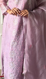 Load image into Gallery viewer, Women's Lucknowi Handcrafted Pure Organza Silk Stitched Chikankari Kurta, Dupatta With Pant Set- HONC0319989