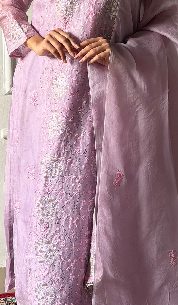 Women's Lucknowi Handcrafted Pure Organza Silk Stitched Chikankari Kurta, Dupatta With Pant Set- HONC0319989