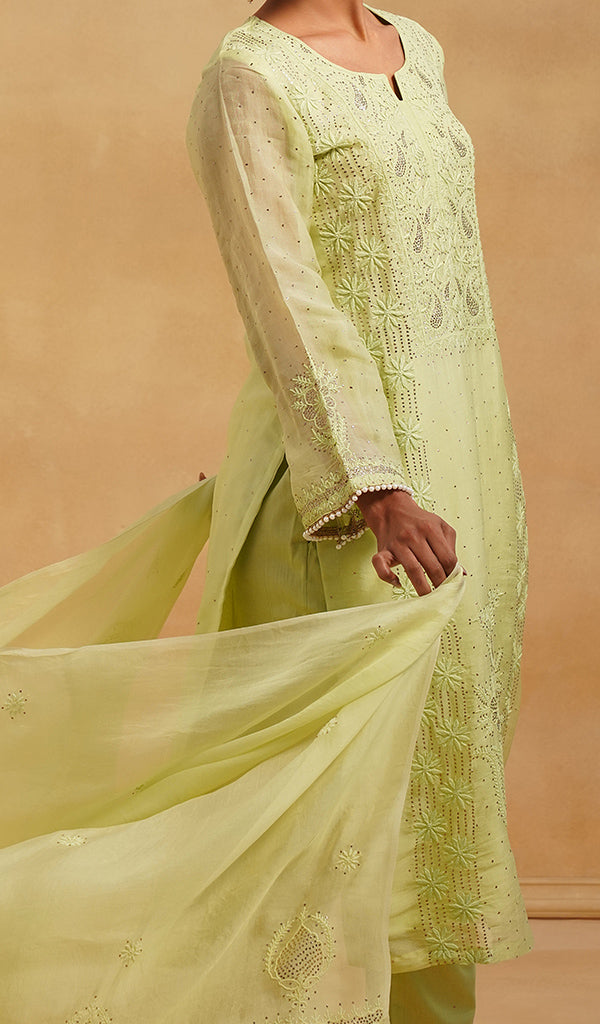 Women's Lucknowi Handcrafted Pure Organza Silk Stitched Chikankari Kurta, Dupatta With Pant Set- HONC06548565