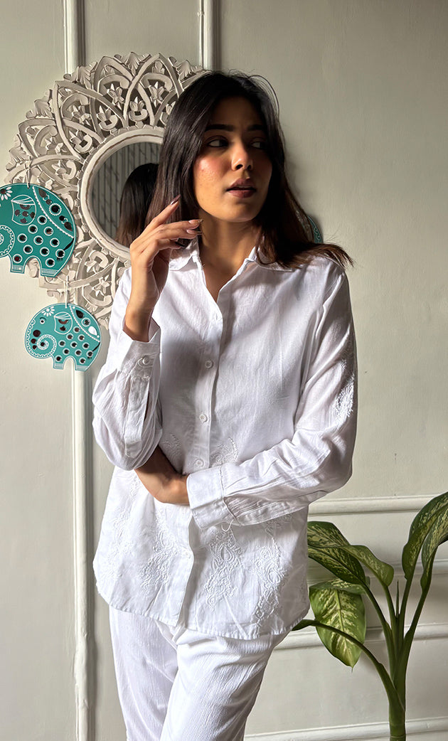 Women's Lakhnavi Handcrafted Linen Cotton Chikankari Top - HONC0293098