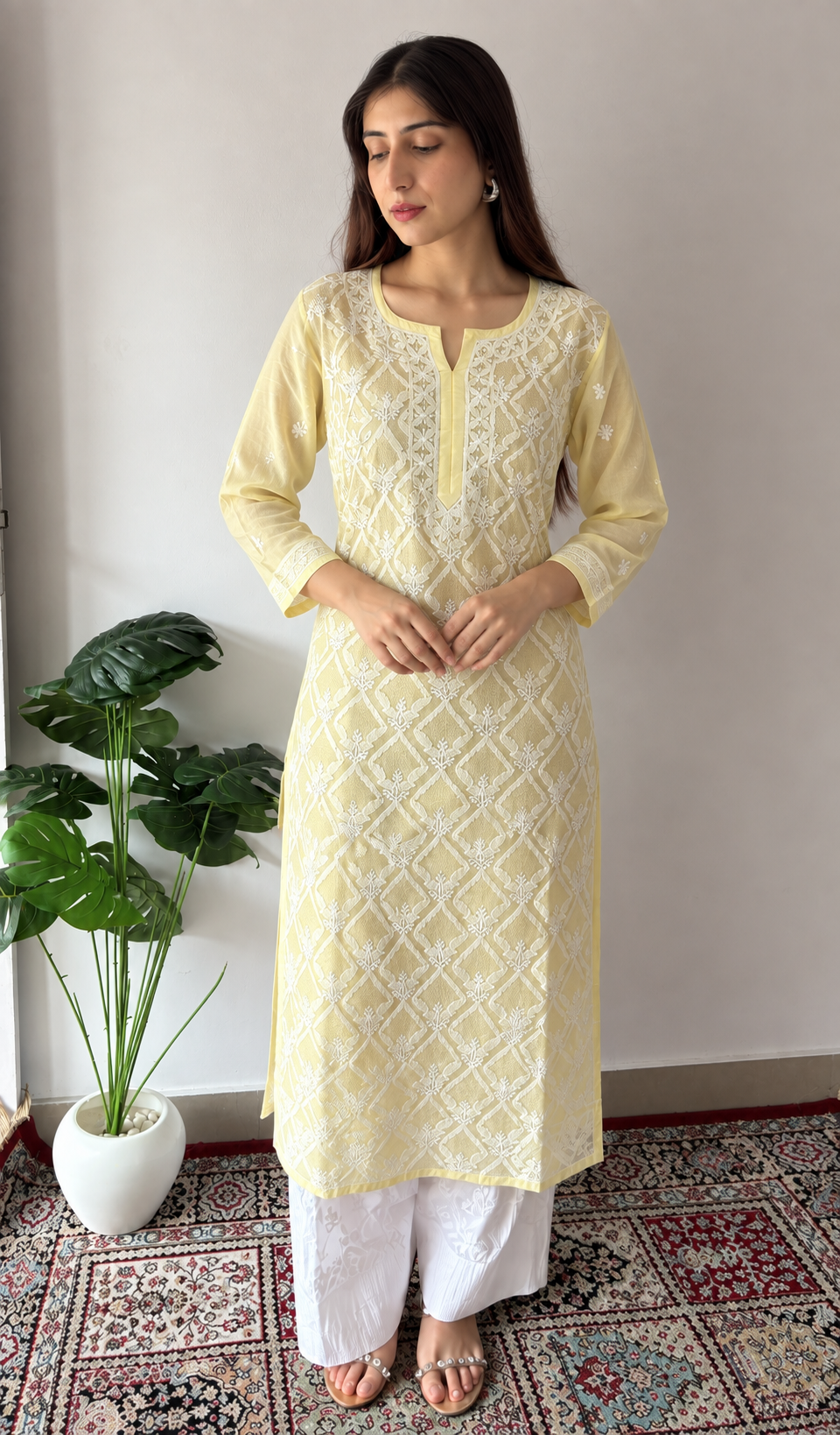 Women's Lucknowi Handcrafted Cotton Chikankari Kurti- HONC0392425