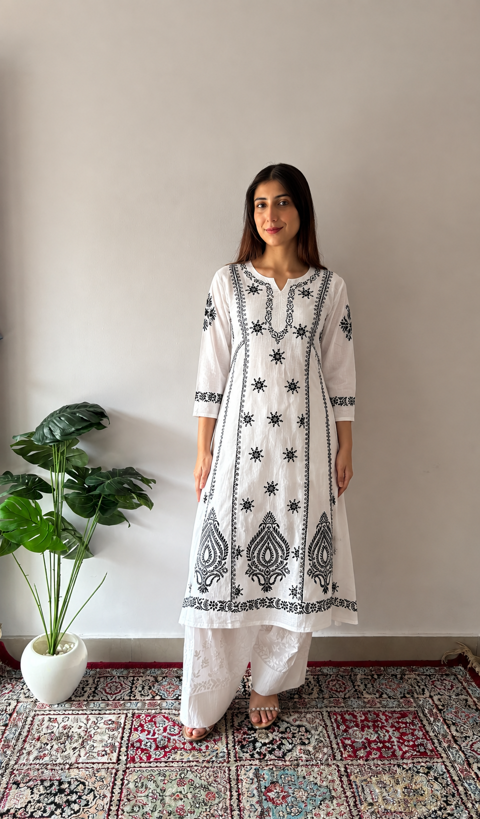 Divya Women's Lucknowi Handcrafted Cotton Chikankari Dress - HONC0213387