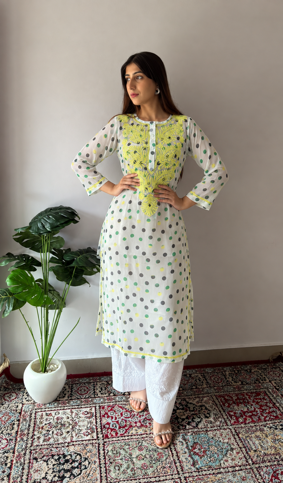 Women's Lucknowi Handcrafted Chiffon Chikankari Kurti- HONC056325