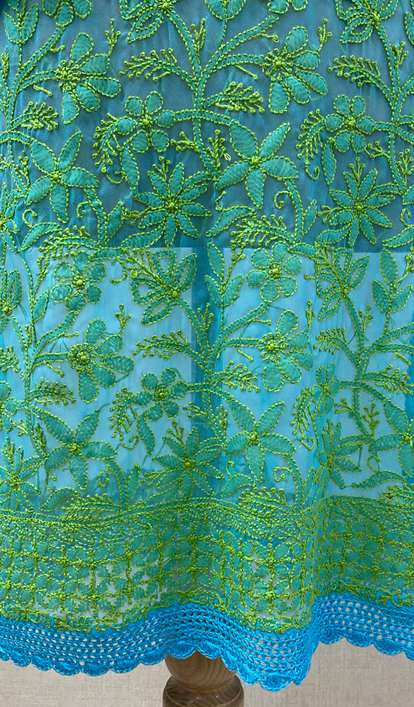 Women's Lucknowi Handcrafted Turquoise Faux-Georgette Chikankari Kurti - NC065820