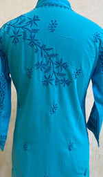 Load image into Gallery viewer, Women&#39;s Lakhnavi Handcrafted Turquoise Cotton Chikankari Kurti - NC068811