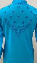 Load image into Gallery viewer, Women&#39;s Lakhnavi Handcrafted Turquoise Cotton Chikankari Kurti - NC068813

