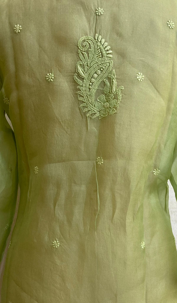 Women's Lucknowi Handcrafted Green Organza Chikankari Kurti - NC069114