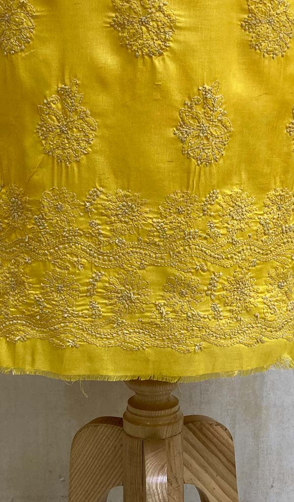 Women's Lucknowi Handcrafted Raw Silk Chikankari Unstitched Kurti Fabric - NC076748