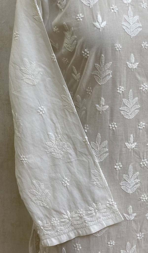 勒克瑙手工制作的白色棉质 Chikankari Kurti - HONC03186