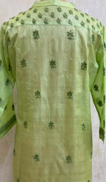 将图像加载到图库查看器中， Women&#39;s Lakhnavi Handcrafted Light Green Tussar Silk Chikankari Top - HONC03074
