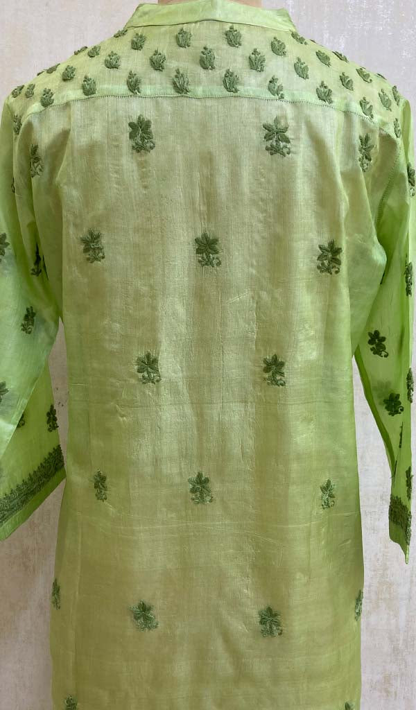 Women's Lakhnavi Handcrafted Light Green Tussar Silk Chikankari Top - HONC03074