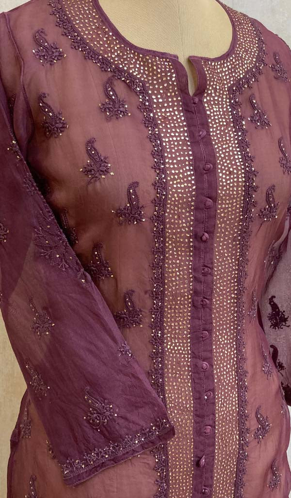 Women's Lucknowi Handcrafted Purple Organza Chikankari Kurti - NC075894