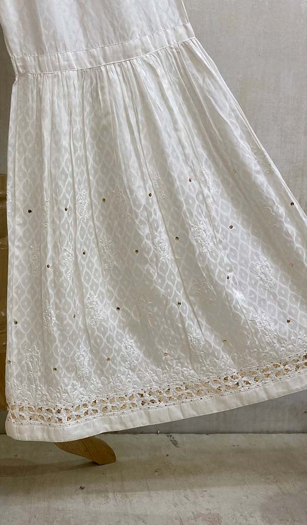 Women's Lucknowi Handcrafted Off White Pure Silk Chikankari Kurta  And Sharara Set - HONC09862