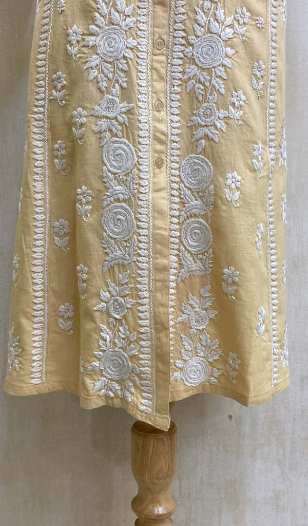 Women's Lucknowi Handcrafted Beige Linen Cotton Chikankari Kurti - HONC011103