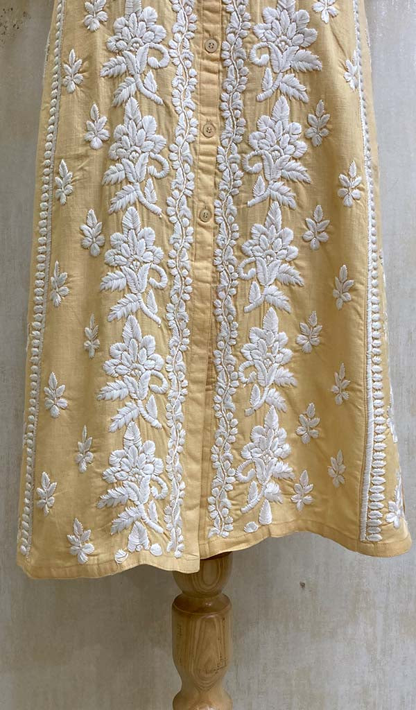 Women's Lucknowi Handcrafted Beige Linen Cotton Chikankari Kurti - HONC011145