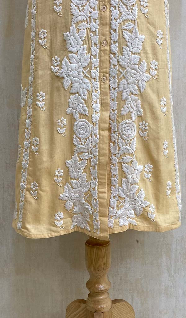 Women's Lakhnavi Handcrafted Beige Linen Cotton Chikankari Kurti - HONC011104