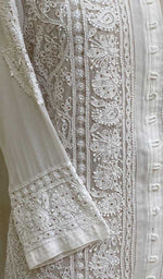 Load image into Gallery viewer, Women&#39;s Lakhnavi Handcrafted White Faux-Georgette Chikankari Dress - HONC011170