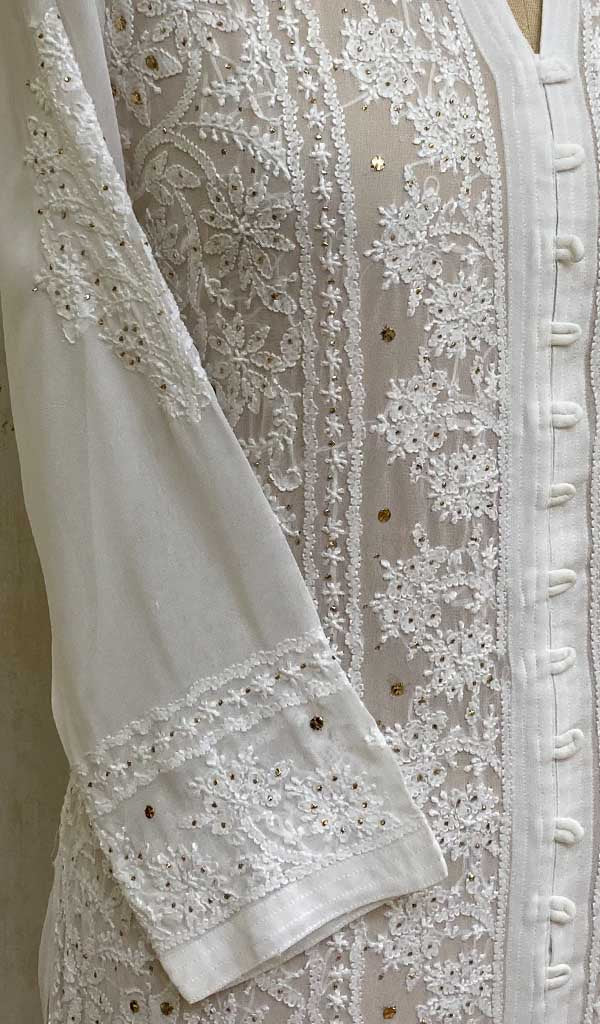 Women's Lakhnavi Handcrafted White Faux-Georgette Chikankari Dress - HONC011155