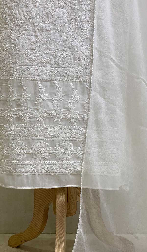 Lakhnavi 手工白色棉质 Chikankari 西装材料 - Honc014838