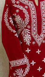 Load image into Gallery viewer, Women&#39;s Lucknowi Handcrafted Red Cotton Chikankari Kurti - HONC020836