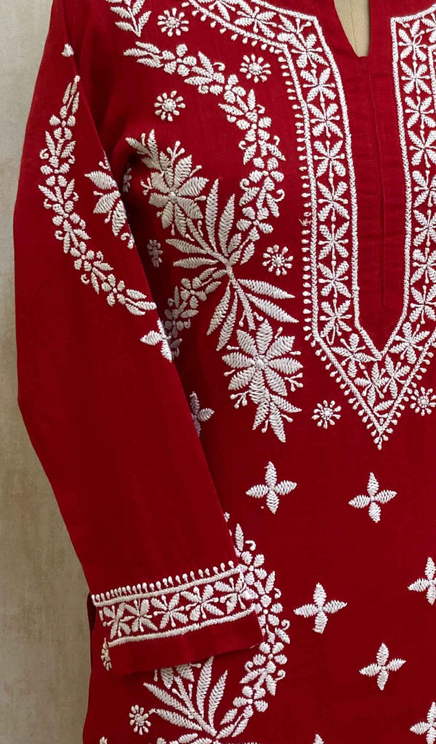 Women's Lucknowi Handcrafted Red Cotton Chikankari Kurti - HONC020836