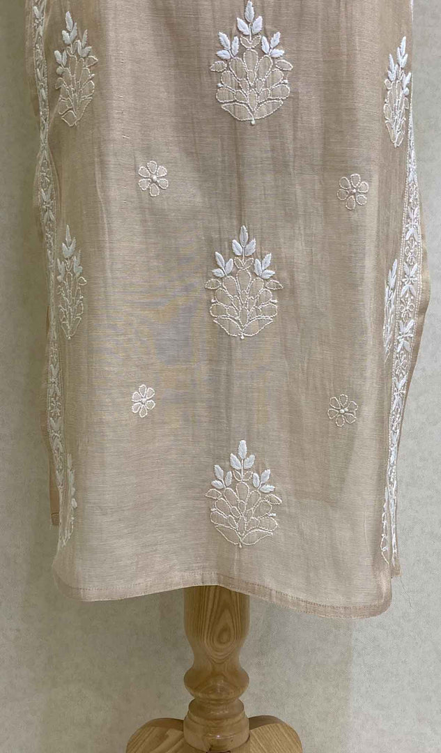 Women's Lakhnavi Handcrafted Beige Tissue Chanderi Chikankari Kurti - HONC027518