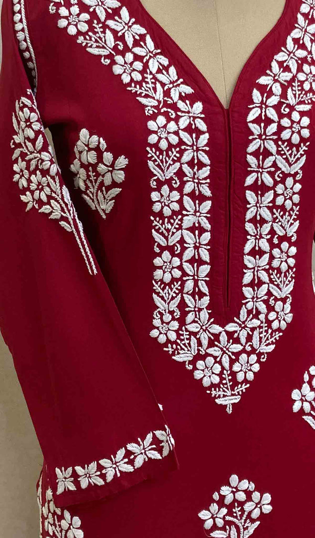 Women's Lucknowi Handcrafted Red Modal Cotton Chikankari Kurti - HONC033899