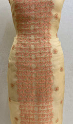 将图像加载到图库查看器中， Lucknowi 手工制作的纯欧根纱丝绸 Chikankari 未缝合 Kurti 面料 - Honc067935