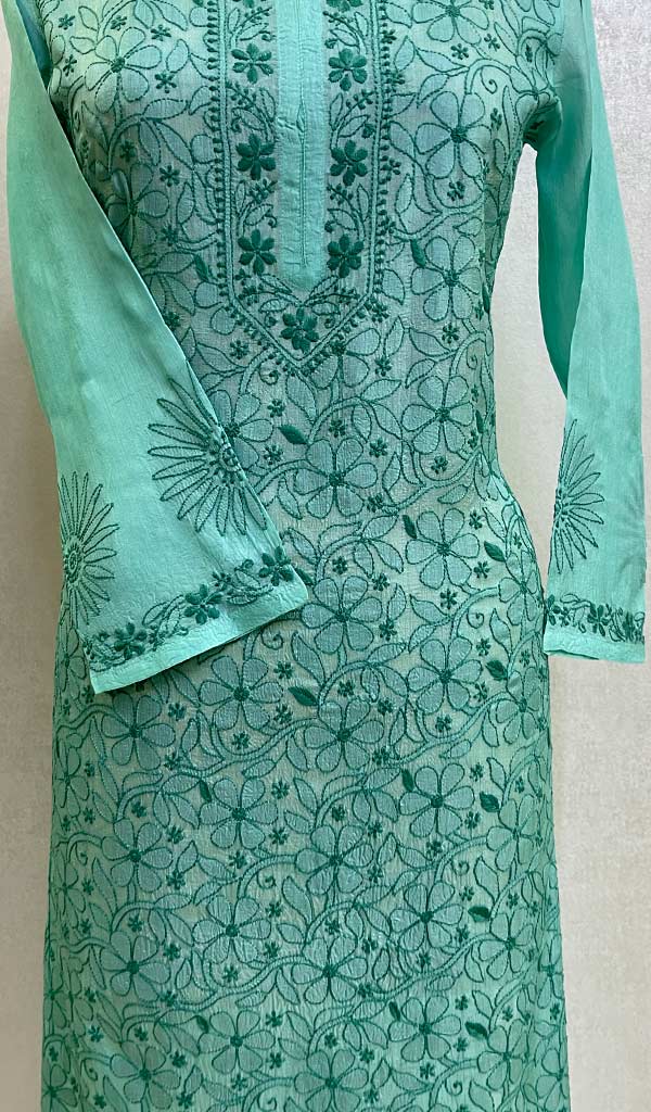 Lakhnavi 手工制作的 Tussar 丝绸 Chikankari Kurti - HONC044073