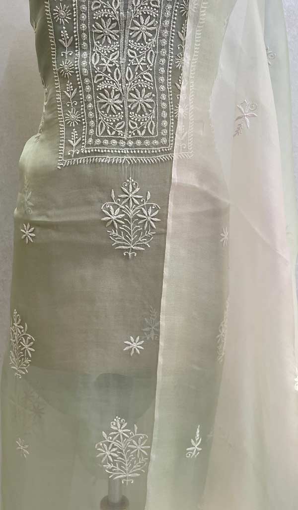 Women's Lucknowi Handcrafted Pure Organza Silk Chikankari Kurta Dupatta Set - HONC073602