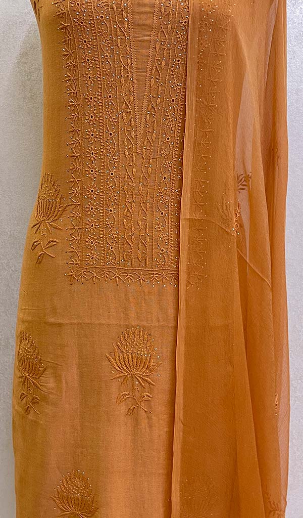 Lakhnavi 手工制作的棉质 Chikankari Kurta 带 Dupatta 面料 - HONC067899