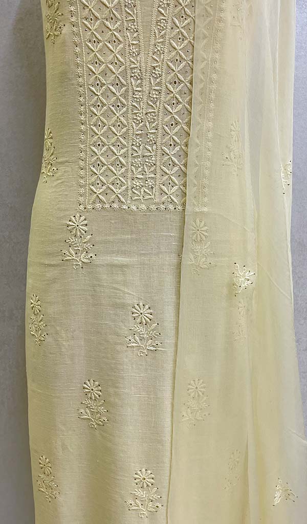 Lucknowi 手工制作亚麻棉 Chikankari Kurta 带雪纺 Dupatta 套装 - HONC067900