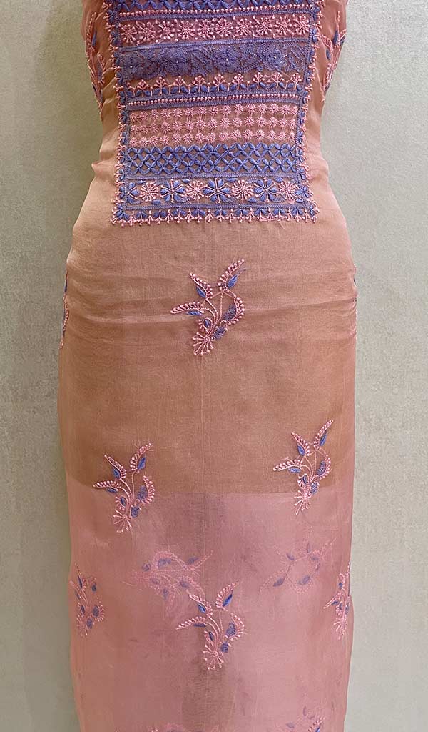 Women's Lucknowi Handcrafted Pure Organza Silk Chikankari Unstitched Kurti Fabric - Honc077276