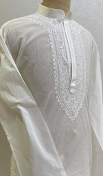 将图像加载到图库查看器中， Men&#39;s Lucknowi Handcrafted Cotton Chikankari Kurta - HONC078944
